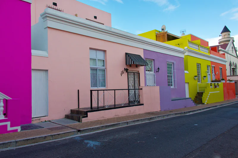 Pink, purple, yellow and orange houses along Chiappini Street in Bo-Kaap.